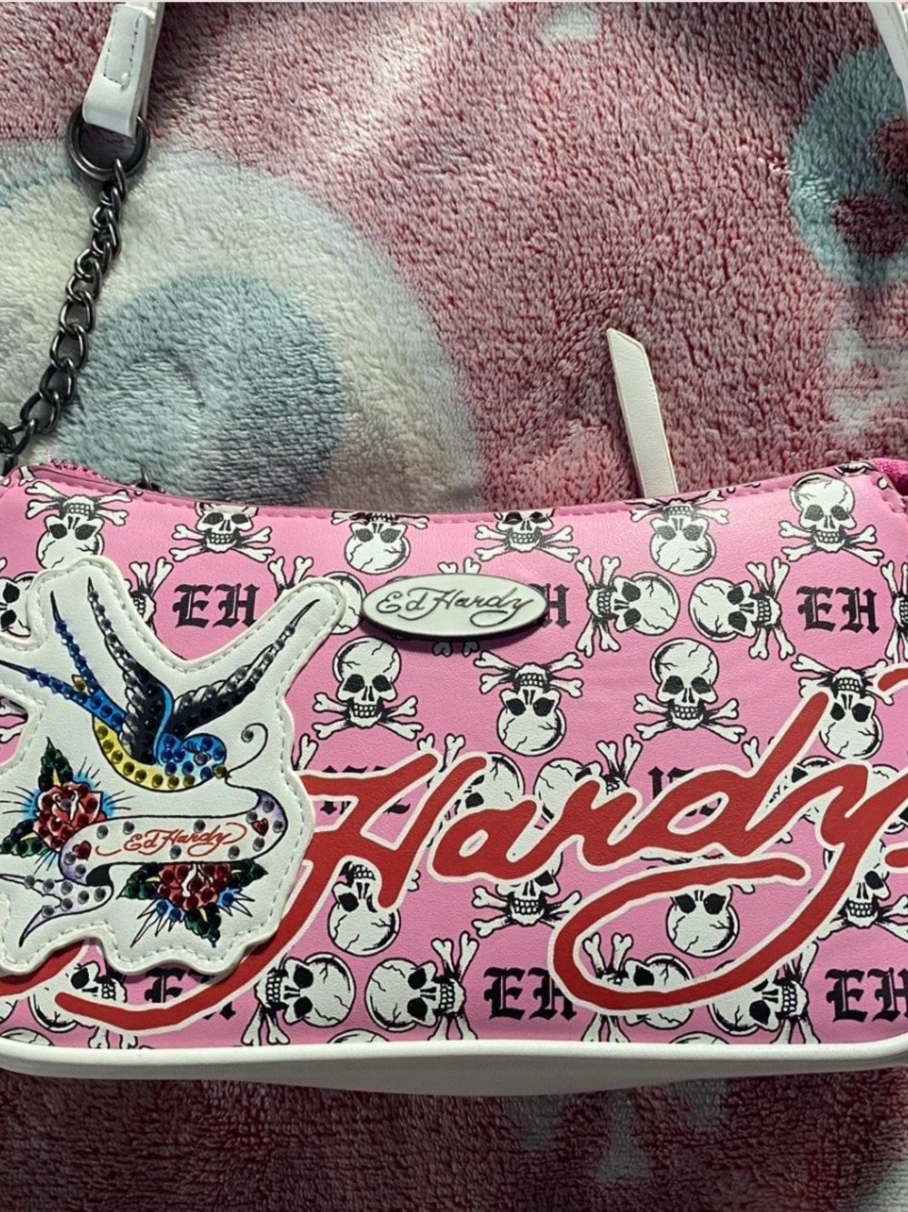 Vintage Ed Hardy Pink Skull Logo Shoulder Bag with Embellished Bird Patch